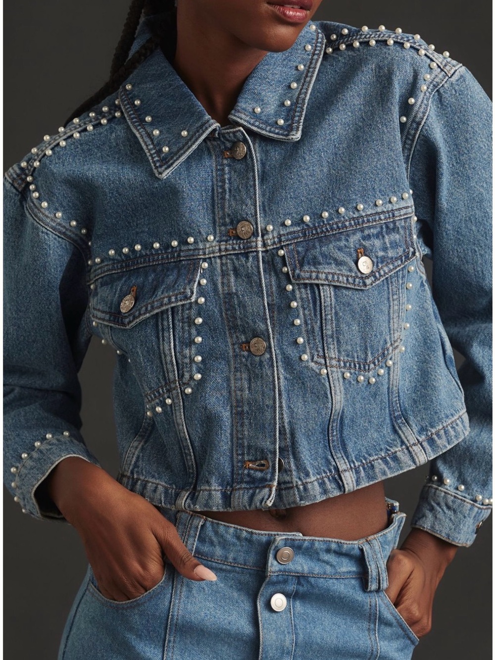 ANTHROPOLOGIE PILCRO Pearl-Studded Cropped Denim Jacket - Blue